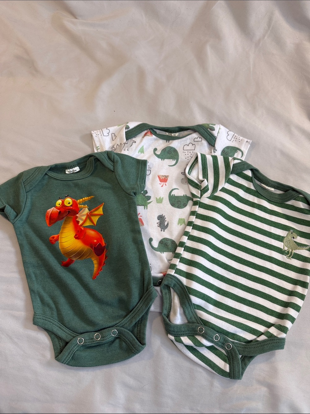3-Pack Green Dino & Stripe Baby One-Piece Bodysuits